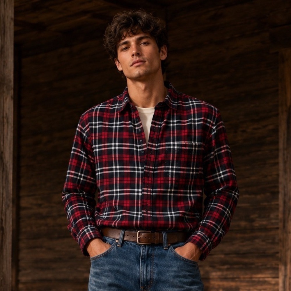 Five Four Mens Large Red Black Plaid Cotton Lumberjack Cabin Button Down Shirt